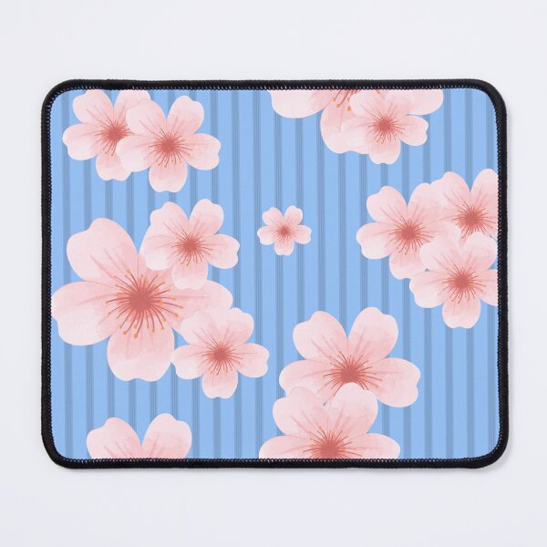Item preview, Pink cherry blossom pattern on blue stripes  designed and sold by Designova10.