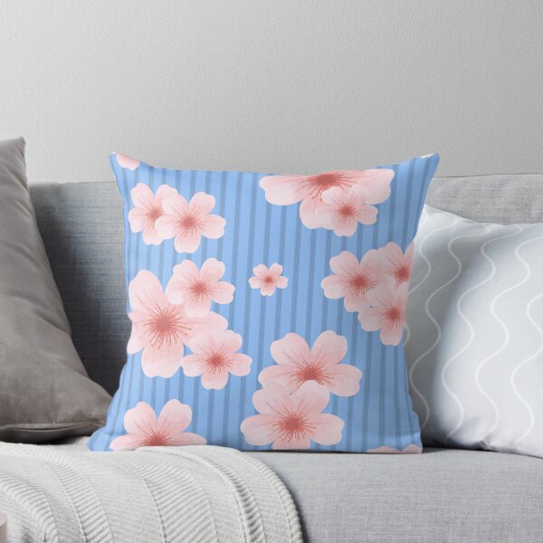 Item preview, Pink cherry blossom pattern on blue stripes  designed and sold by Designova10.