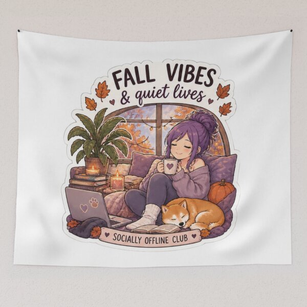 Item preview, Fall Vibes & Quiet Lives Anime Girl Sticker | Socially Offline Club Cozy Autumn Shiba Inu Design designed and sold by DailyStruggleCo.