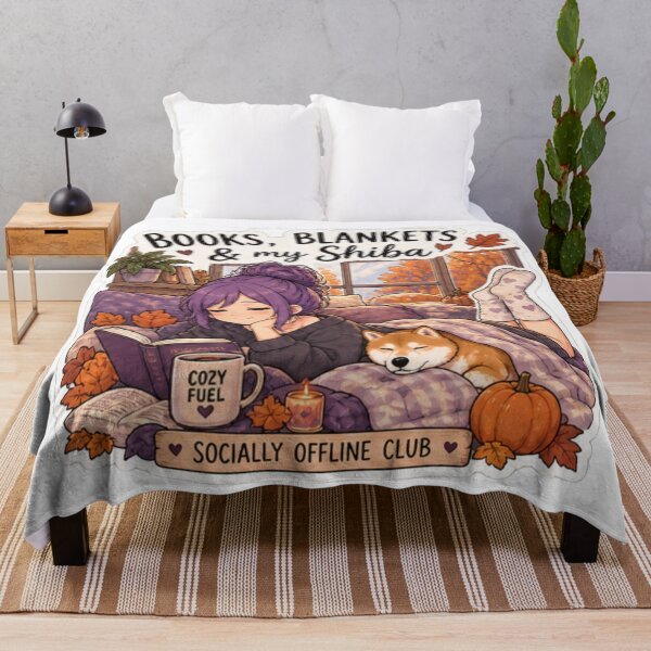 Item preview, Books Blankets and My Shiba Anime Girl Design | Socially Offline Club Cozy Reading designed and sold by DailyStruggleCo.