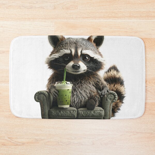 Item preview, Funny Racoon Drinking Iced Matcha Latte on Couch designed and sold by Artlustic.