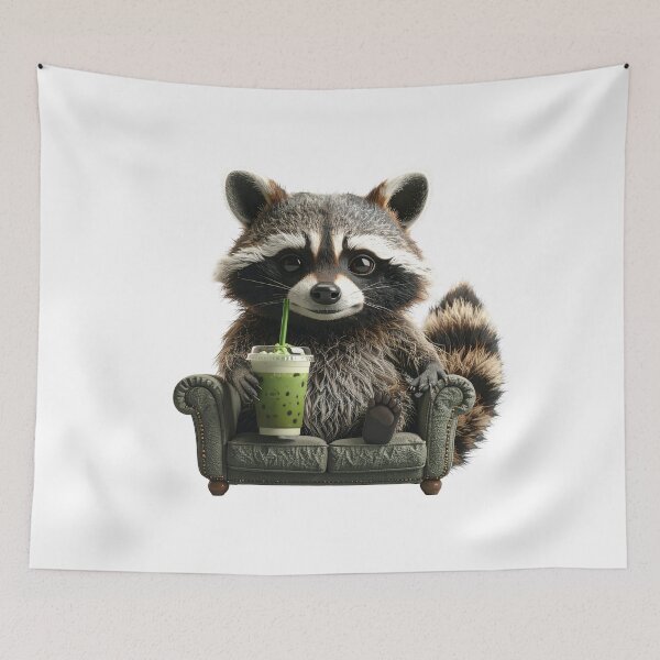 Item preview, Funny Racoon Drinking Iced Matcha Latte on Couch designed and sold by Artlustic.