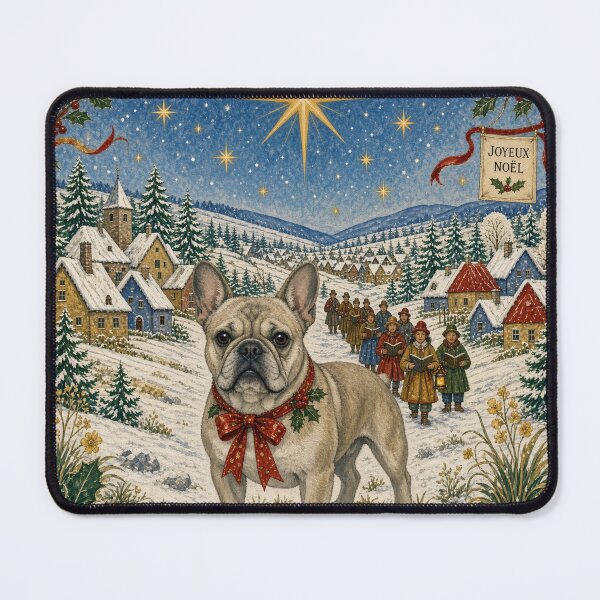 Item preview, Christmas Frenchie in a Snowy Village – Folk Art Inspired Winter Wonderland designed and sold by cipoprimo.