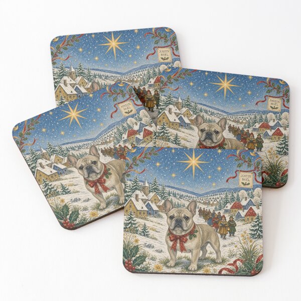 Item preview, Christmas Frenchie in a Snowy Village – Folk Art Inspired Winter Wonderland designed and sold by cipoprimo.