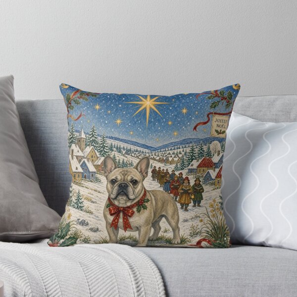 Item preview, Christmas Frenchie in a Snowy Village – Folk Art Inspired Winter Wonderland designed and sold by cipoprimo.