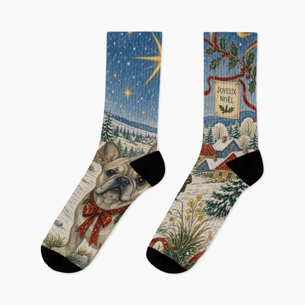 Item preview, Christmas Frenchie in a Snowy Village – Folk Art Inspired Winter Wonderland designed and sold by cipoprimo.