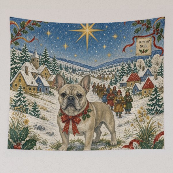 Item preview, Christmas Frenchie in a Snowy Village – Folk Art Inspired Winter Wonderland designed and sold by cipoprimo.