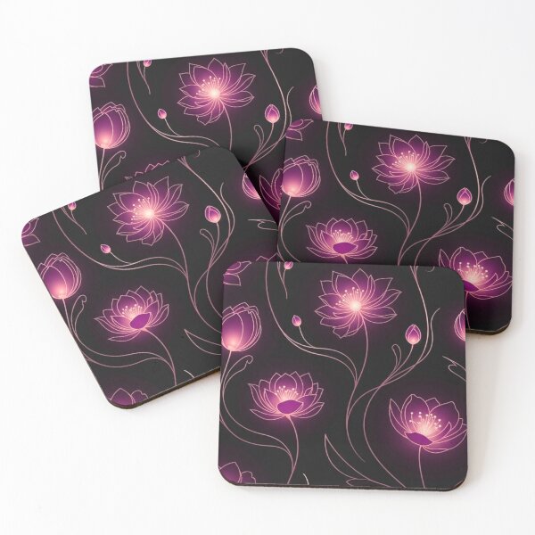 Item preview, Glowing Pink Lotus Flowers — Dark Neon Floral Line Art Pattern designed and sold by LYAN-STORE.