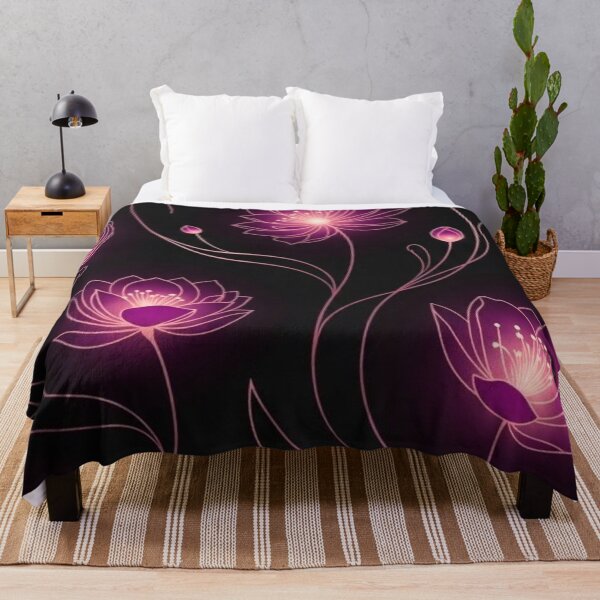 Item preview, Glowing Pink Lotus Flowers — Dark Neon Floral Line Art Pattern designed and sold by LYAN-STORE.