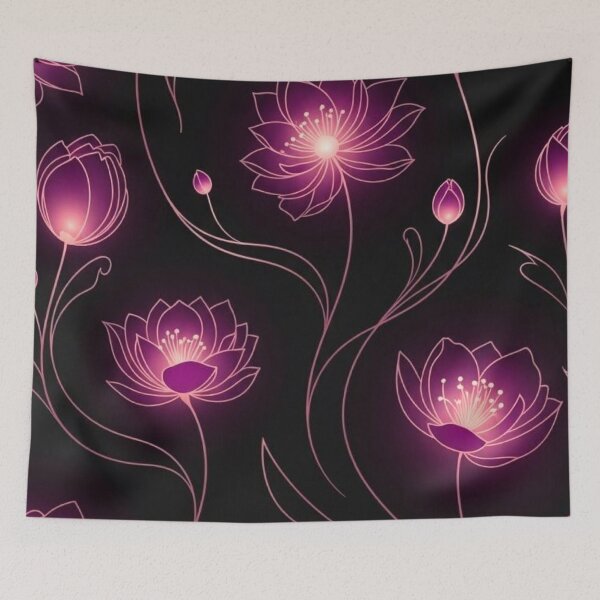 Item preview, Glowing Pink Lotus Flowers — Dark Neon Floral Line Art Pattern designed and sold by LYAN-STORE.