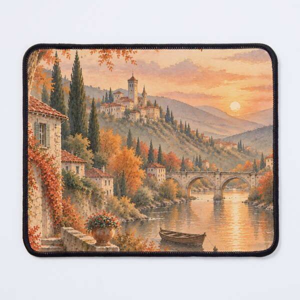 Item preview, Autumn Tuscany Oil Painting River Sunset Landscape designed and sold by Jozefin's Studio.