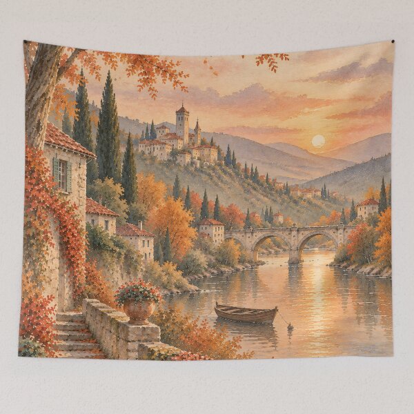 Item preview, Autumn Tuscany Oil Painting River Sunset Landscape designed and sold by Jozefin's Studio.