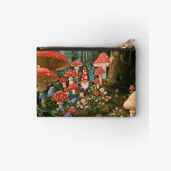 Item preview, A cheerful Garden Gnome tending magical flowers in a whimsical woodland village filled with giant mushrooms, Fantasy & Mythological Creatures designed and sold by CDC40.