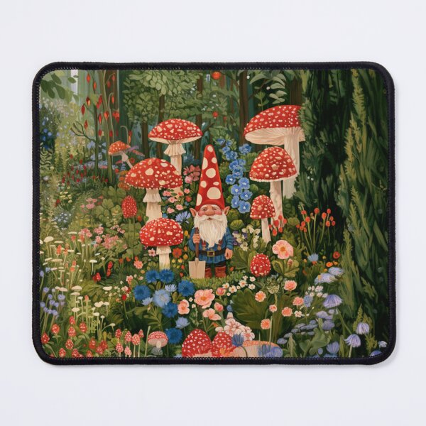 Item preview, A cheerful Garden Gnome tending magical flowers in a whimsical woodland village filled with giant mushrooms, Fantasy & Mythological Creatures designed and sold by CDC40.