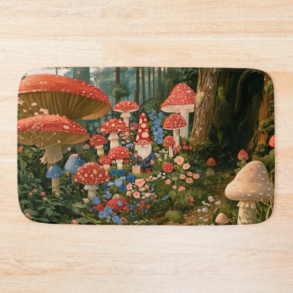 Item preview, A cheerful Garden Gnome tending magical flowers in a whimsical woodland village filled with giant mushrooms, Fantasy & Mythological Creatures designed and sold by CDC40.