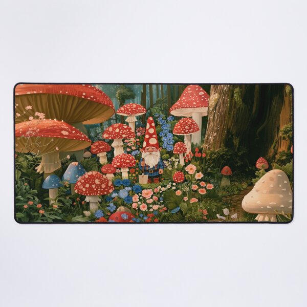 Item preview, A cheerful Garden Gnome tending magical flowers in a whimsical woodland village filled with giant mushrooms, Fantasy & Mythological Creatures designed and sold by CDC40.