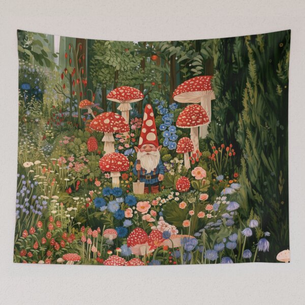Item preview, A cheerful Garden Gnome tending magical flowers in a whimsical woodland village filled with giant mushrooms, Fantasy & Mythological Creatures designed and sold by CDC40.