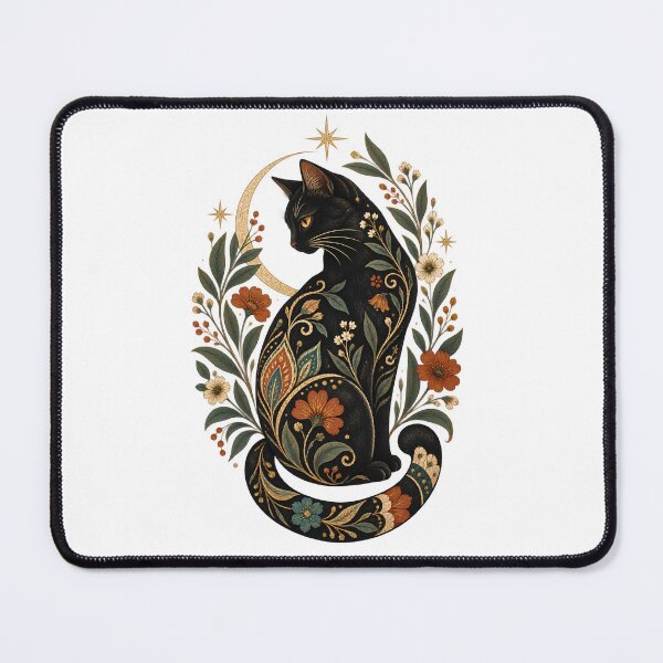 Item preview, Black Cat Moon Batik Floral Art – Mystical Vintage Boho Cat designed and sold by MG Aura.