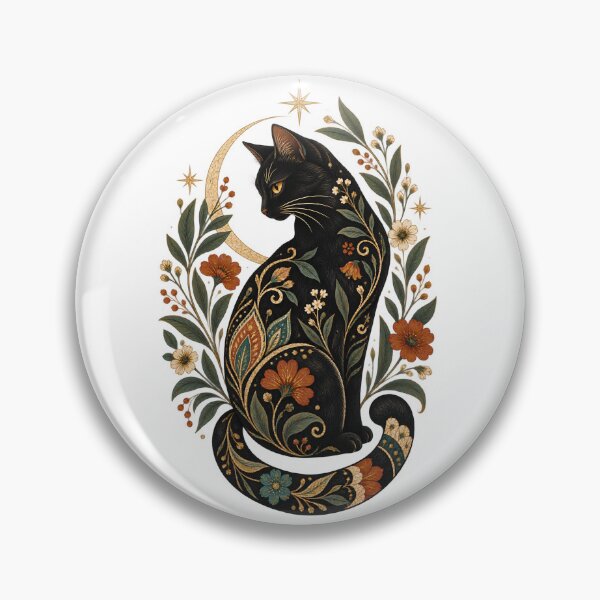 Item preview, Black Cat Moon Batik Floral Art – Mystical Vintage Boho Cat designed and sold by MG Aura.