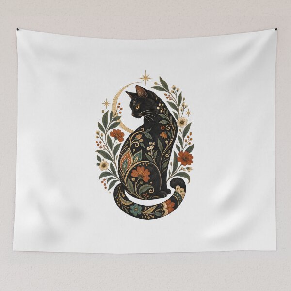 Item preview, Black Cat Moon Batik Floral Art – Mystical Vintage Boho Cat designed and sold by MG Aura.