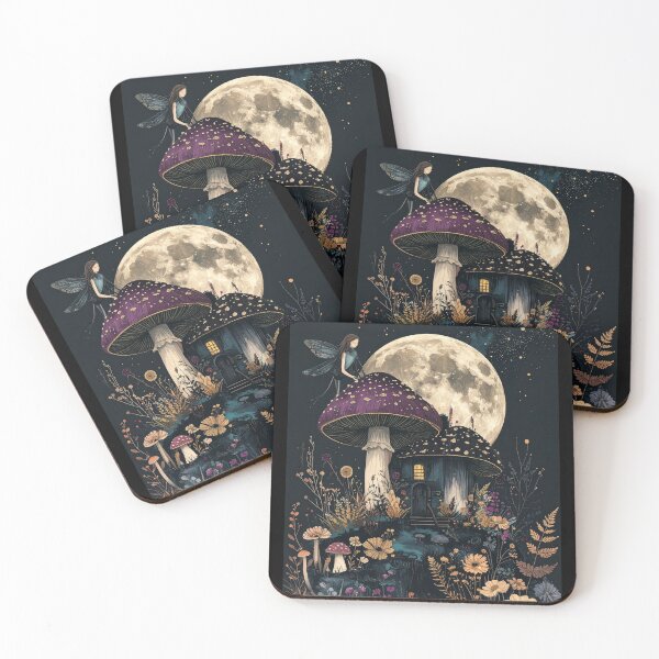 Item preview, Fairy Mushroom House Full Moon Night Garden Fantasy Art designed and sold by TripleMoonCrafts.