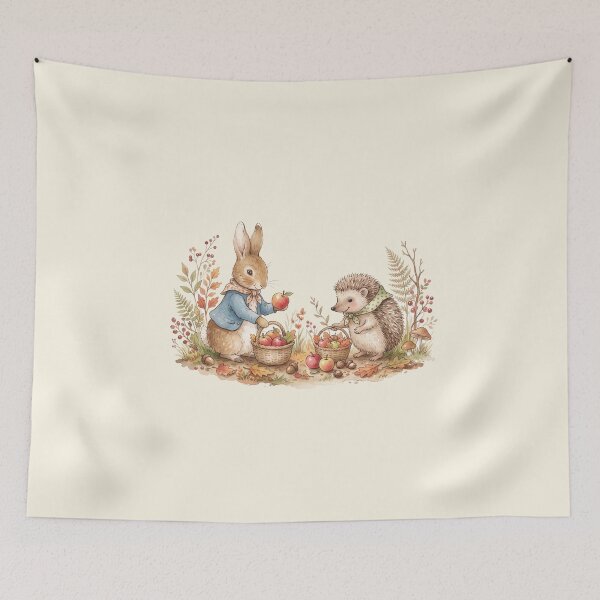 Item preview, Vintage Watercolor Rabbit and Hedgehog Harvesting Apples - Classic Storybook Art designed and sold by Pasteltone.