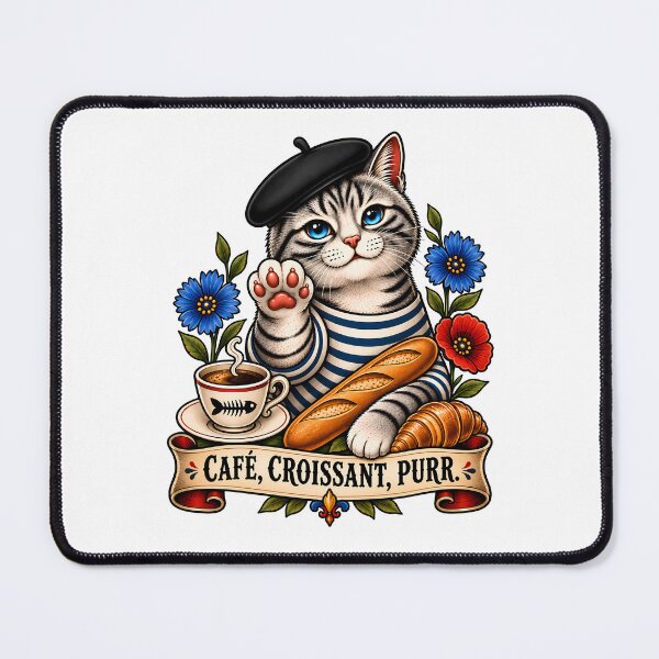 Item preview, Coffee Croissant Purr Cat Vintage Tattoo Style designed and sold by Old's Cool Cat Studio.