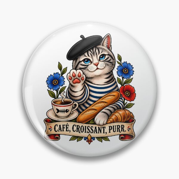 Item preview, Coffee Croissant Purr Cat Vintage Tattoo Style designed and sold by Old's Cool Cat Studio.