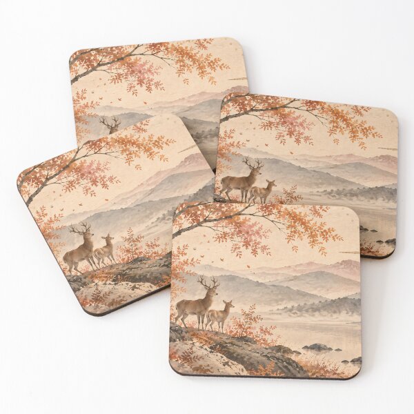 Item preview, Autumn Deer Watercolour Landscape with Mountain Lake designed and sold by Jozefin's Studio.