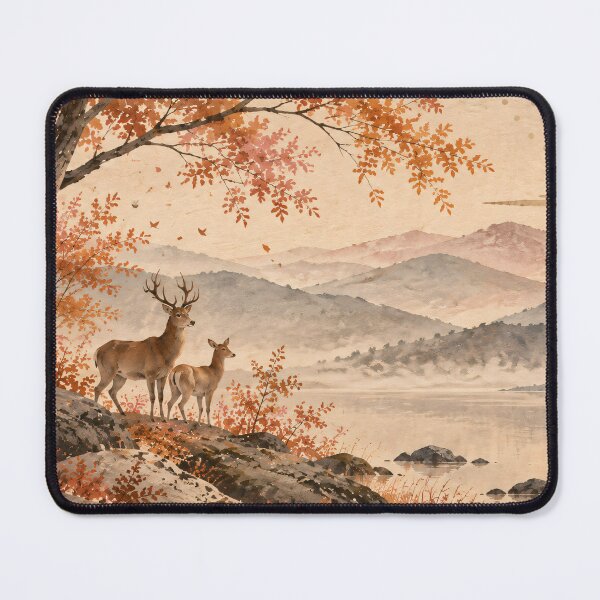 Item preview, Autumn Deer Watercolour Landscape with Mountain Lake designed and sold by Jozefin's Studio.