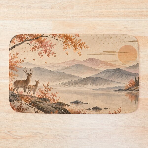 Item preview, Autumn Deer Watercolour Landscape with Mountain Lake designed and sold by Jozefin's Studio.