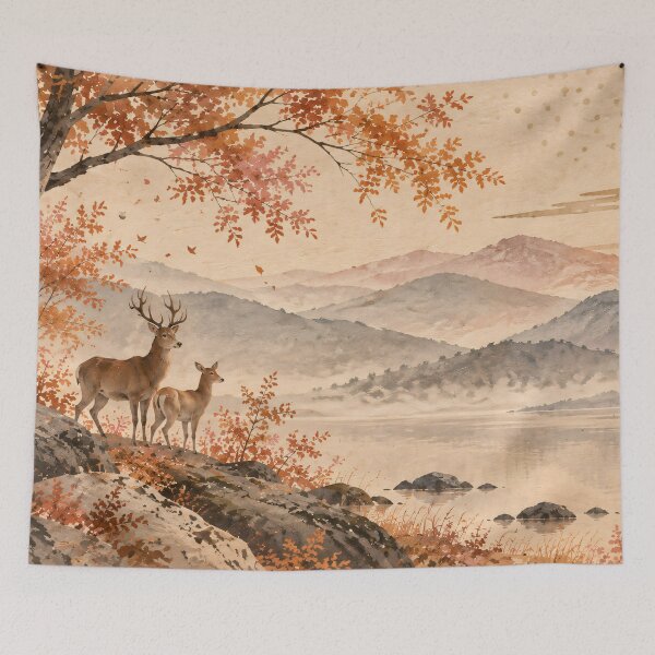 Item preview, Autumn Deer Watercolour Landscape with Mountain Lake designed and sold by Jozefin's Studio.