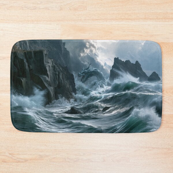 Item preview, A colossal Sea Serpent weaving through towering ocean waves beside towering sea cliffs beneath dramatic storm clouds, Fantasy & Mythological Creatures designed and sold by CDC40.