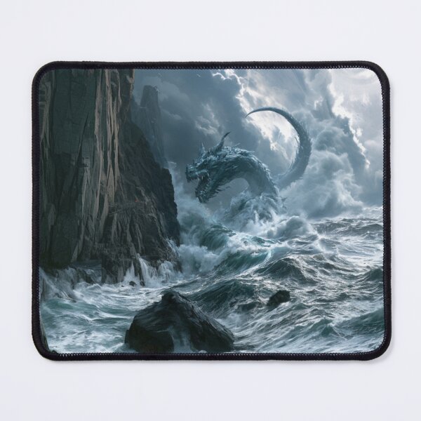Item preview, A colossal Sea Serpent weaving through towering ocean waves beside towering sea cliffs beneath dramatic storm clouds, Fantasy & Mythological Creatures designed and sold by CDC40.