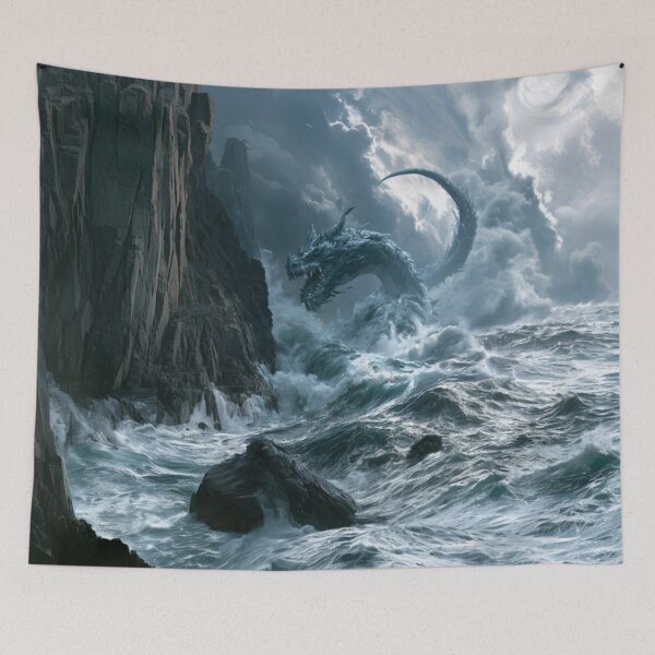 Item preview, A colossal Sea Serpent weaving through towering ocean waves beside towering sea cliffs beneath dramatic storm clouds, Fantasy & Mythological Creatures designed and sold by CDC40.