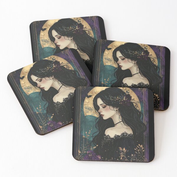Item preview, Victorian Gothic Woman Portrait Gold Moon Roses Art Print designed and sold by TripleMoonCrafts.