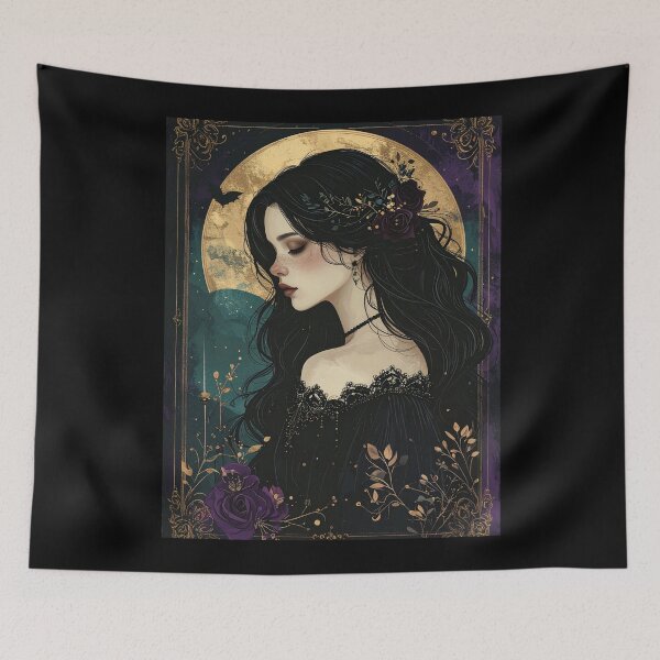 Item preview, Victorian Gothic Woman Portrait Gold Moon Roses Art Print designed and sold by TripleMoonCrafts.