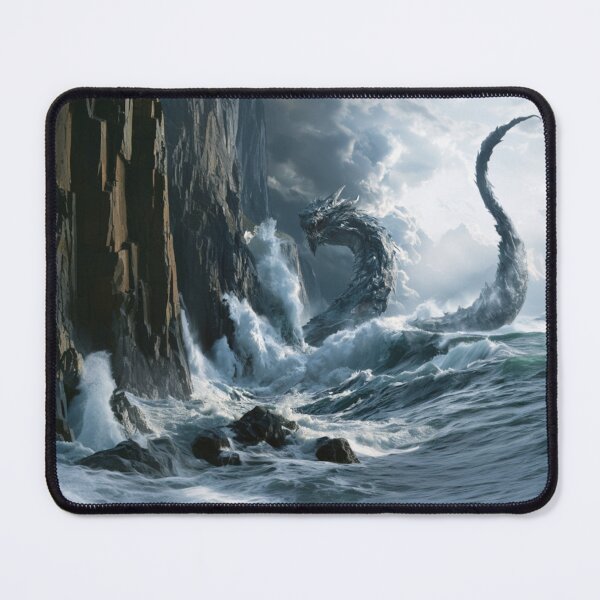Item preview, A colossal Sea Serpent weaving through towering ocean waves beside towering sea cliffs beneath dramatic storm clouds, Fantasy & Mythological Creatures designed and sold by CDC40.