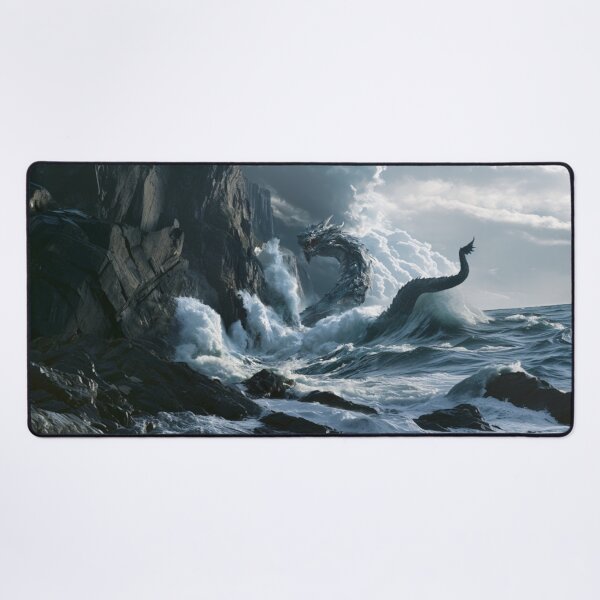Item preview, A colossal Sea Serpent weaving through towering ocean waves beside towering sea cliffs beneath dramatic storm clouds, Fantasy & Mythological Creatures designed and sold by CDC40.