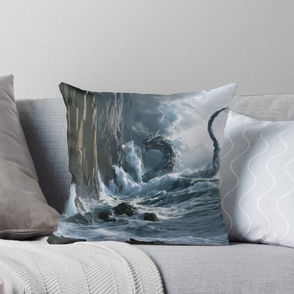 Item preview, A colossal Sea Serpent weaving through towering ocean waves beside towering sea cliffs beneath dramatic storm clouds, Fantasy & Mythological Creatures designed and sold by CDC40.
