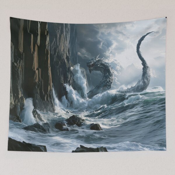 Item preview, A colossal Sea Serpent weaving through towering ocean waves beside towering sea cliffs beneath dramatic storm clouds, Fantasy & Mythological Creatures designed and sold by CDC40.