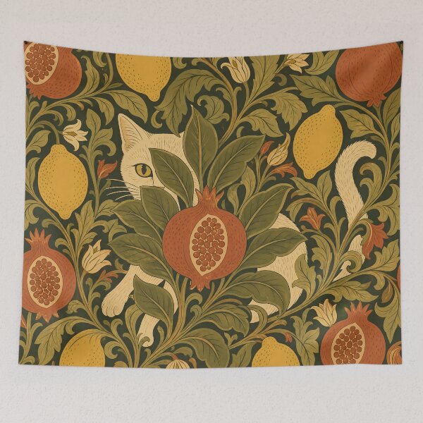 Item preview, William Morris Funny Cute Cat in Citrus Fruit Vintage Tapestry Pattern HD designed and sold by bard-art.