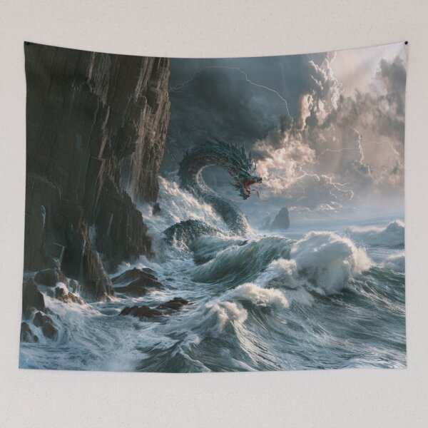 Item preview, A colossal Sea Serpent weaving through towering ocean waves beside towering sea cliffs beneath dramatic storm clouds, Fantasy & Mythological Creatures designed and sold by CDC40.