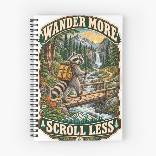 Item preview, Wander More, Scroll Less – Vintage Hiking Raccoon designed and sold by CarrotBadminton.