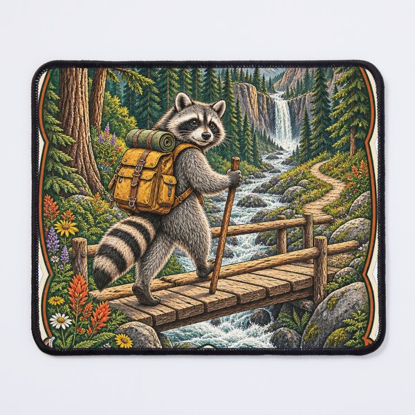 Item preview, Wander More, Scroll Less – Vintage Hiking Raccoon designed and sold by CarrotBadminton.