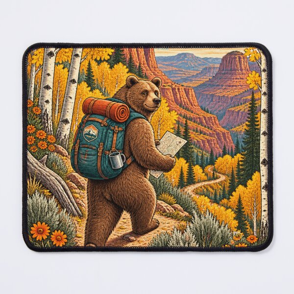 Item preview, Wander More, Scroll Less – Autumn Hiking Bear designed and sold by CarrotBadminton.