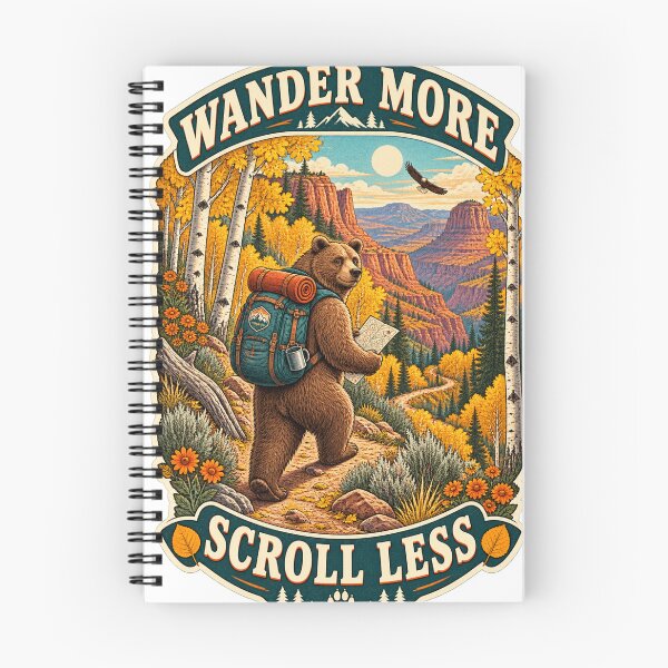 Item preview, Wander More, Scroll Less – Autumn Hiking Bear designed and sold by CarrotBadminton.