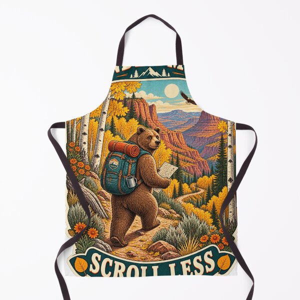 Item preview, Wander More, Scroll Less – Autumn Hiking Bear designed and sold by CarrotBadminton.