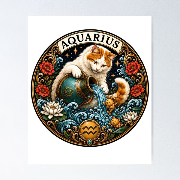 Aperçu de l'œuvre Aquarius Cat Celestial Zodiac Water Bearer créée et vendue par Old's Cool Cat Studio.