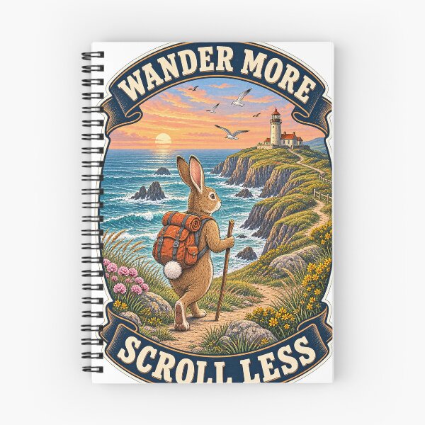 Item preview, Wander More, Scroll Less – Coastal Hiking Rabbit designed and sold by CarrotBadminton.